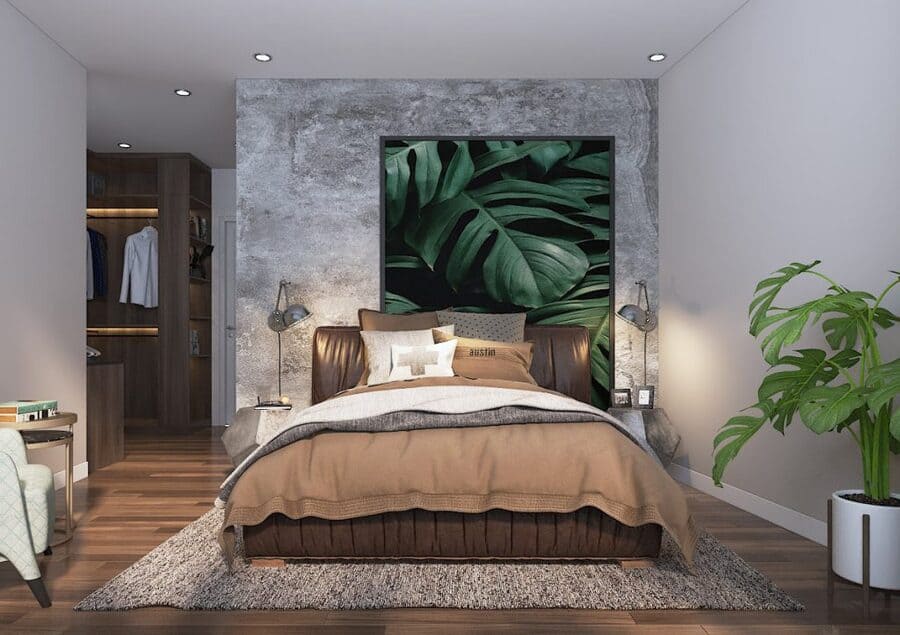 Phòng ngủ lát sàn bằng gỗ và thảm lông